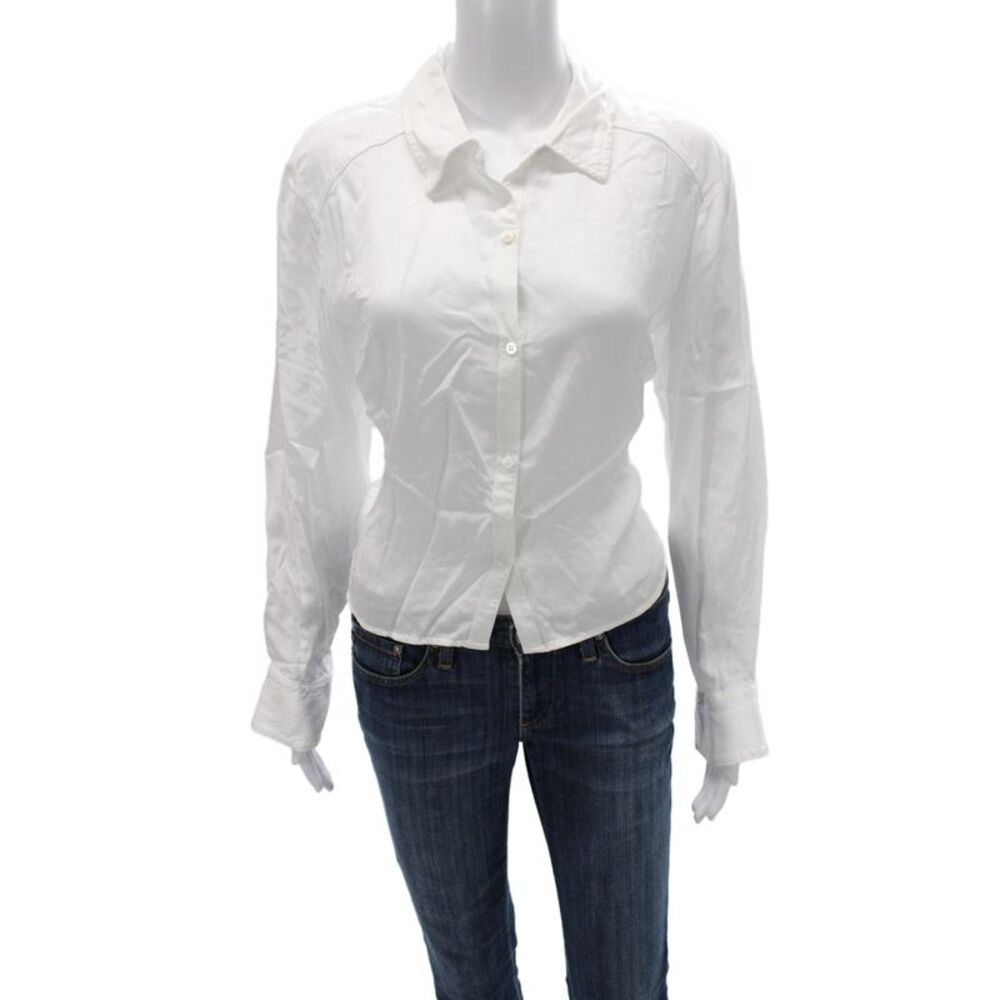 Stateside Womens Button-Up Collared Long Sleeve Viscose White Top Size L